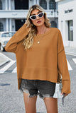 Momentlover High-Low Slit Round Neck Long Sleeve Sweater