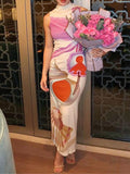 Momentlover Split-Back Flower Print Sleeveless High Waisted Mock Neck Maxi Dresses