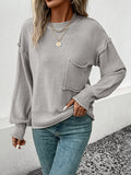 Momentlover Split-Joint Solid Color Pockets Loose Long Sleeves Round-Neck Sweater Tops Pullovers