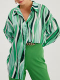 Momentlover Striped Contrast Color Loose Long Sleeves Lapel Blouses