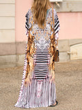 Momentlover Tiger Skin Pattern Split-side Printed Short Sleeves Loose V-neck Maxi Dresses Beach Cover-Up