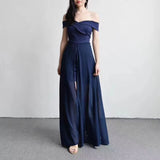 Momentlover Loose Pleated Solid Color Boat Neck Maxi Dresses
