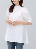 Momentlover Solid Color Pleated Bowknot Loose Half Sleeves Mock Neck Blouses&Shirts Tops