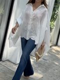 Momentlover Cap Sleeve Loose Asymmetric Solid Color Lapel Collar Blouses&Shirts Tops
