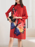 Momentlover Casual Long Sleeves Loose Contrast Color Printed Pleated Beaded Stand Collar Mini Dresses