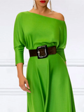 Momentlover Loose Three-Quarter Sleeves Solid Color Off-The-Shoulder Maxi Dresses