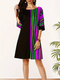 Momentlover Striped Contrast Color Asymmetric Plus Size Loose Round-neck Mini Dresses