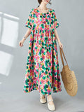 Momentlover Split-Joint Printed Polka-Dot Pleated Loose Half Sleeves Round-Neck Midi Dresses