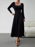 Momentlover Tied Waist Solid Color Skinny Long Sleeves U-Neck Midi Dresses