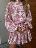 Momentlover Tied Waist Split-Joint Printed Pleated Puff Sleeves Loose Stand Collar Mini Dresses