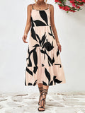 Momentlover Floral Printed Contrast Color Sleeveless Loose Spaghetti-Neck Midi Dresses