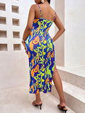 Momentlover Split-front Printed Pleated Drawstring Sleeveless Bodycon U-neck Midi Dresses