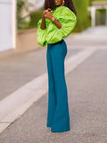 Momentlover Solid Color Puff Sleeves Loose Mock Neck Blouses&Shirts Tops