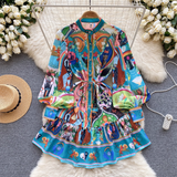 - Printed skirt women's stand collar lantern sleeve dress GEU806
