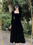 - Black square neck velvet long dress GEU713