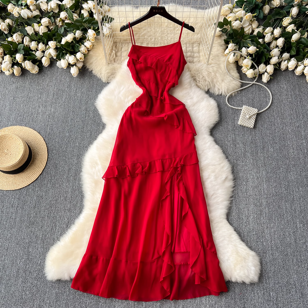 - Red dress sexy slit ruffled patchwork holiday skirt GEU1116