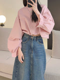 Momentlover Solid Color Elasticity Loose Batwing Sleeves Round-Neck Blouses&Shirts Tops