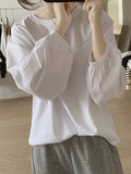 Momentlover Solid Color Pleated Puff Sleeves Loose Round-Neck T-Shirts Tops