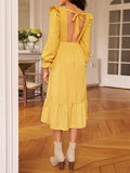 Momentlover Tied Split-Side Split-Joint Solid Color Ruffled Elasticity Backless Loose Long Sleeves V-Neck Midi Dresses