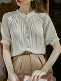 Momentlover Pleated Buttoned Short Sleeves Puff Sleeves Round-neck Blouses&shirts Tops