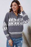 Momentlover Zip-Up Geometrical Pattern Pullover Sweater