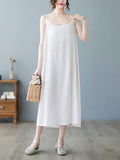 Momentlover Solid Color Sleeveless Loose Spaghetti-Neck Midi Dresses