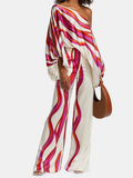 momentlover Urban Wide Leg Loose Printed Off-The-Shoulder Blouses &Casual Pants Two Pieces Set