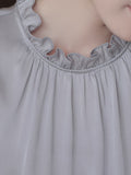 Momentlover Solid Color Ruffled Pleated Hollow Sleeveless Loose Stand Collar Vest Top