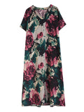 Momentlover Artistic Retro Short Sleeves Loose Floral Printed Contrast Color V-Neck Maxi Dresses