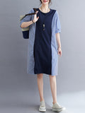 Momentlover Striped Split-Joint Short Sleeves Loose Round-neck Midi Dresses