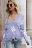 Momentlover Flower Distressed Ribbed Trim Sweater