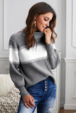 Momentlover Color Block High Neck Lantern Sleeve Pullover Sweater