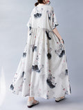 Momentlover Split-Joint Printed Pleated Short Sleeves Loose Round-neck Midi Dresses
