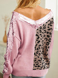 Momentlover Leopard Sequin V-Neck Long Sleeve Sweater