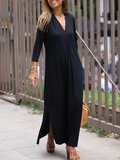 Momentlover Long Sleeves Loose Solid Color Split-Side V-Neck Maxi Dresses