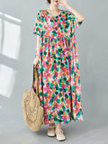Momentlover Split-Joint Printed Polka-Dot Pleated Loose Half Sleeves Round-Neck Midi Dresses