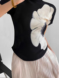 Momentlover Short Sleeves Skinny Flower Print High Neck T-Shirts Tops