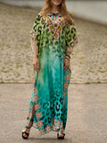 Momentlover Split-side Printed Leopard Short Sleeves Loose V-neck Maxi Dresses Beach Cover-Up