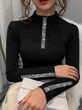 Momentlover Long Sleeves Skinny Rhine Stones High Neck Pullovers Sweater Sweater Tops