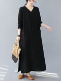 Momentlover Split-Side Solid Color Pockets Loose Long Sleeves V-Neck Maxi Dresses