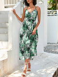 Momentlover Leaves Print Elasticity Sleeveless High Waisted V-Neck Midi Dresses