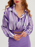 Momentlover Striped Contrast Color Loose Long Sleeves Lapel Blouses