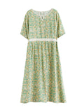 Momentlover Split-Joint Printed Pleated Hollow Short Sleeves Loose Round-Neck Midi Dresses