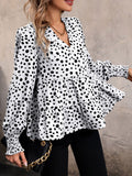 Momentlover Split-Joint Polka-Dot Elasticity Loose Long Sleeves V-Neck Blouses&Shirts Tops