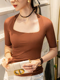 Momentlover Simple Solid Color Square-Neck Half Sleeves Shirt