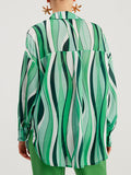 Momentlover Striped Contrast Color Loose Long Sleeves Lapel Blouses