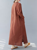 Momentlover Split-Side Solid Color Pockets Loose Long Sleeves V-Neck Maxi Dresses
