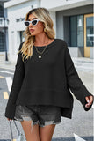 Momentlover High-Low Slit Round Neck Long Sleeve Sweater