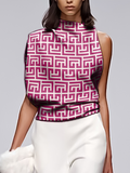 momentlover Loose Sleeveless Asymmetric Printed Stand Collar T-Shirts Tops