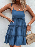 Momentlover A-Line High Waisted Backless Jacquard Solid Color Split-Joint Tied U-Neck Mini Dresses Slip Dress